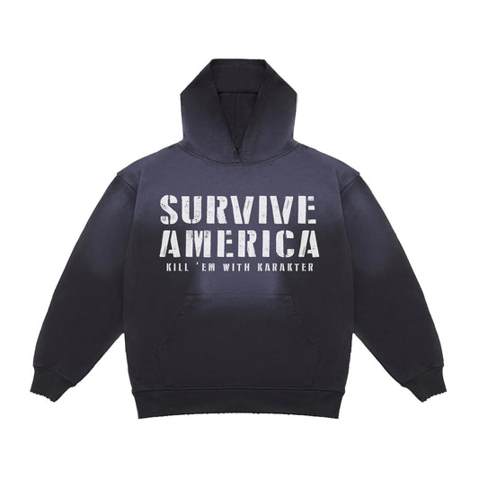 SURVIVE AMERICA DISTRESSED HOODIE (BLACK POTASSIUM WASH)